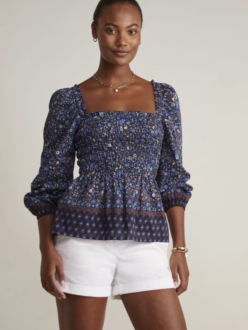 NWT - Vineyard Vines Navy Floral Fenwick Smocked Peasant Blouse - size S